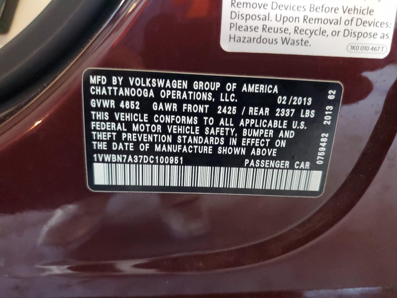 2013 Volkswagen Passat Se VIN: 1VWBN7A37DC100951 Lot: 68039305