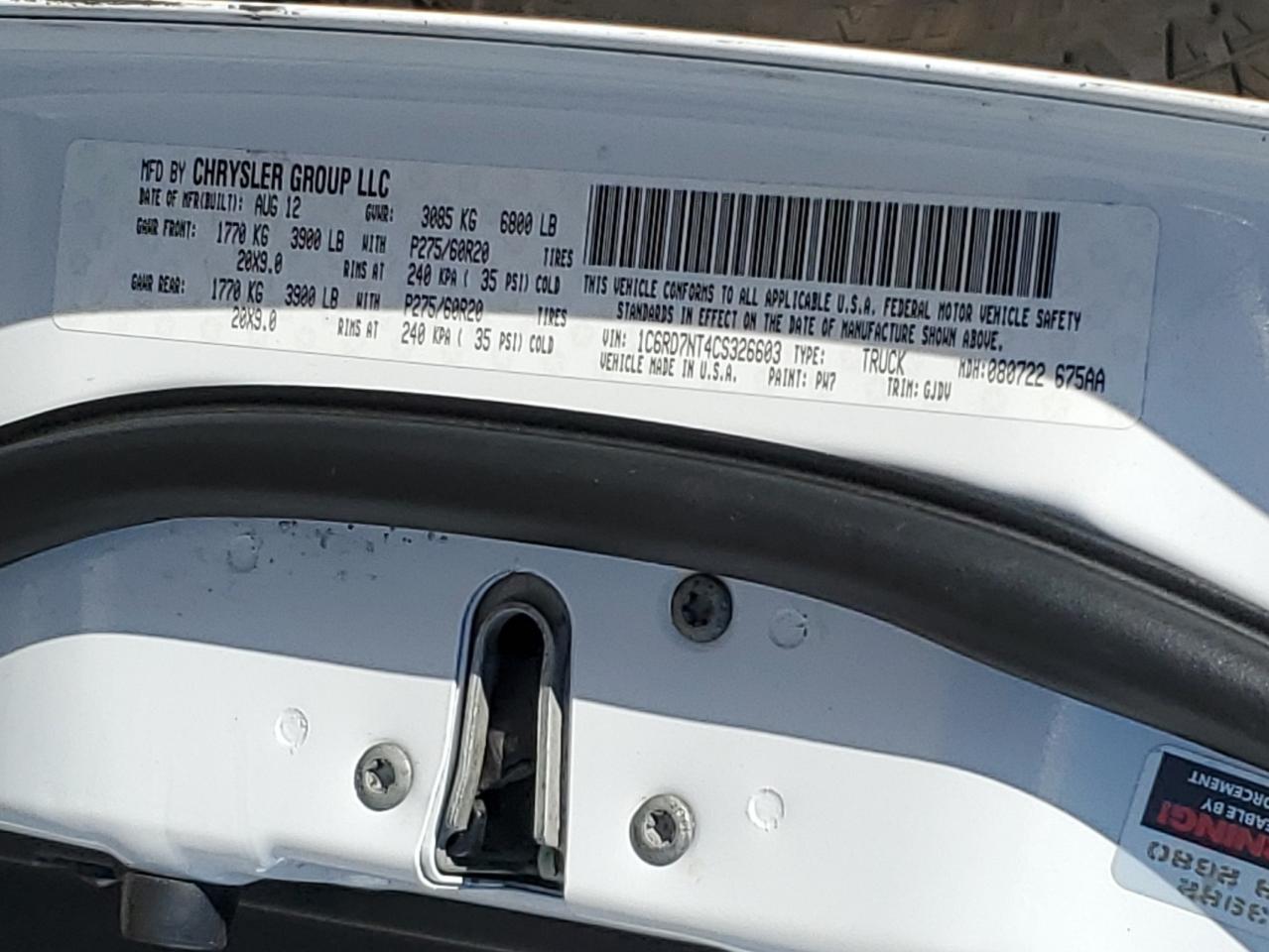 2012 Dodge Ram 1500 Laramie VIN: 1C6RD7NT4CS326603 Lot: 70008385