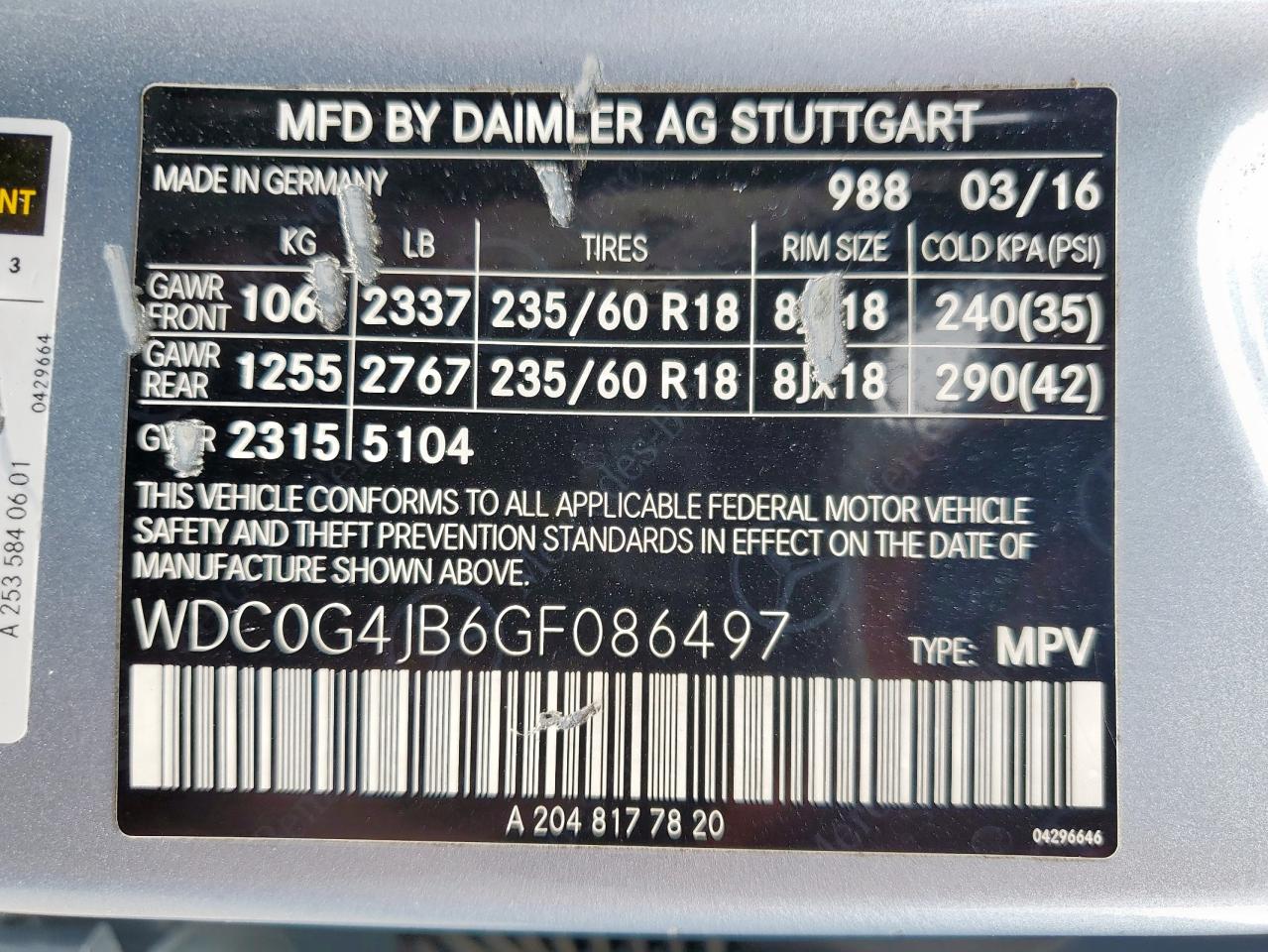 2016 Mercedes-Benz Glc 300 VIN: WDC0G4JB6GF086497 Lot: 71079985