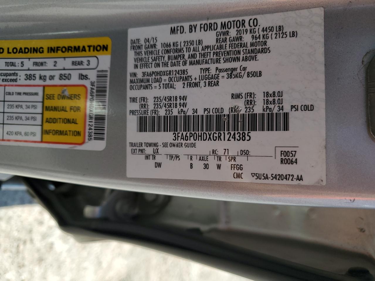 2016 Ford Fusion Se VIN: 3FA6P0HDXGR124385 Lot: 66368735