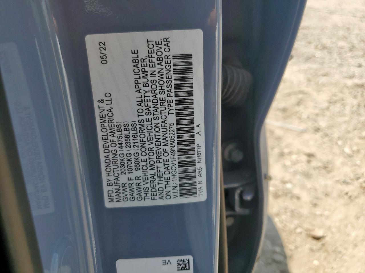 2022 Honda Accord Sport Se VIN: 1HGCV1F49NA052275 Lot: 69800165