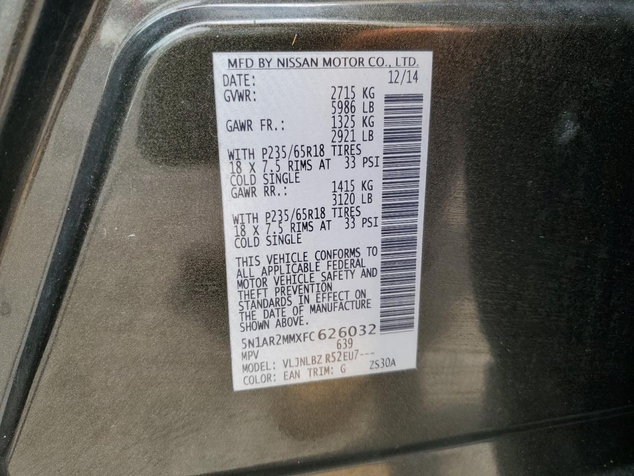 2015 Nissan Pathfinder S VIN: 5N1AR2MMXFC626032 Lot: 70633375