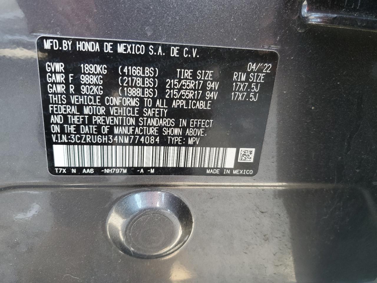 2022 Honda Hr-V Lx VIN: 3CZRU6H34NM774084 Lot: 68459185