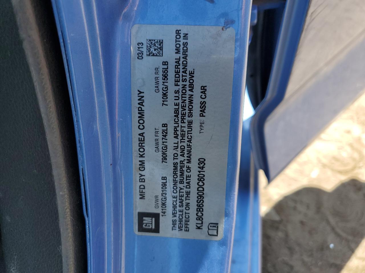 2013 Chevrolet Spark Ls VIN: KL8CB6S90DC601430 Lot: 67749145