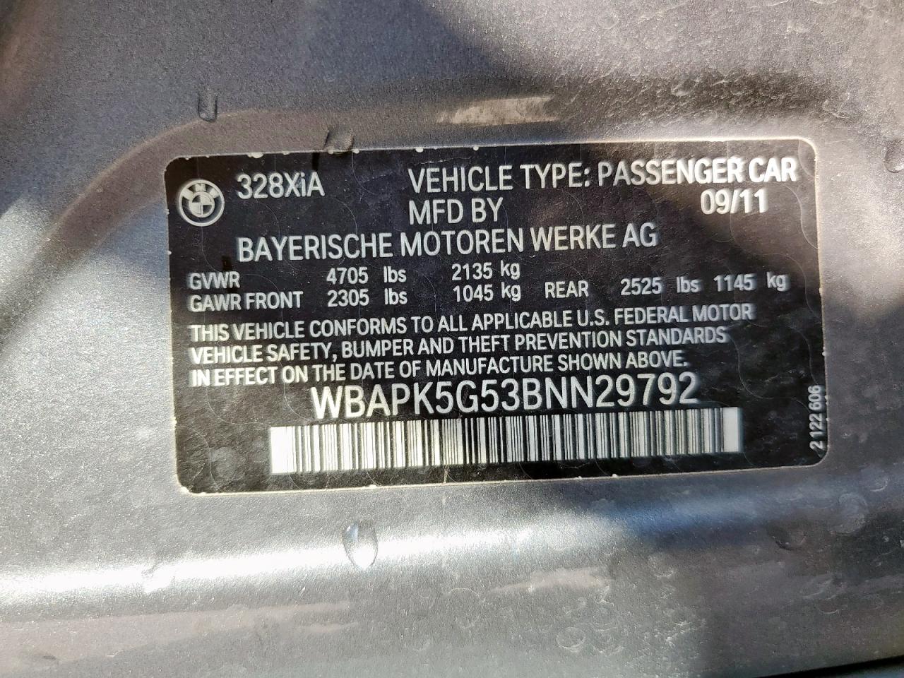 2011 BMW 328 Xi Sulev VIN: WBAPK5G53BNN29792 Lot: 69294935