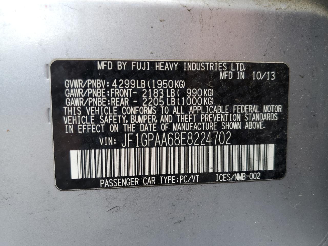 2014 Subaru Impreza VIN: JF1GPAA68E8224702 Lot: 70570245