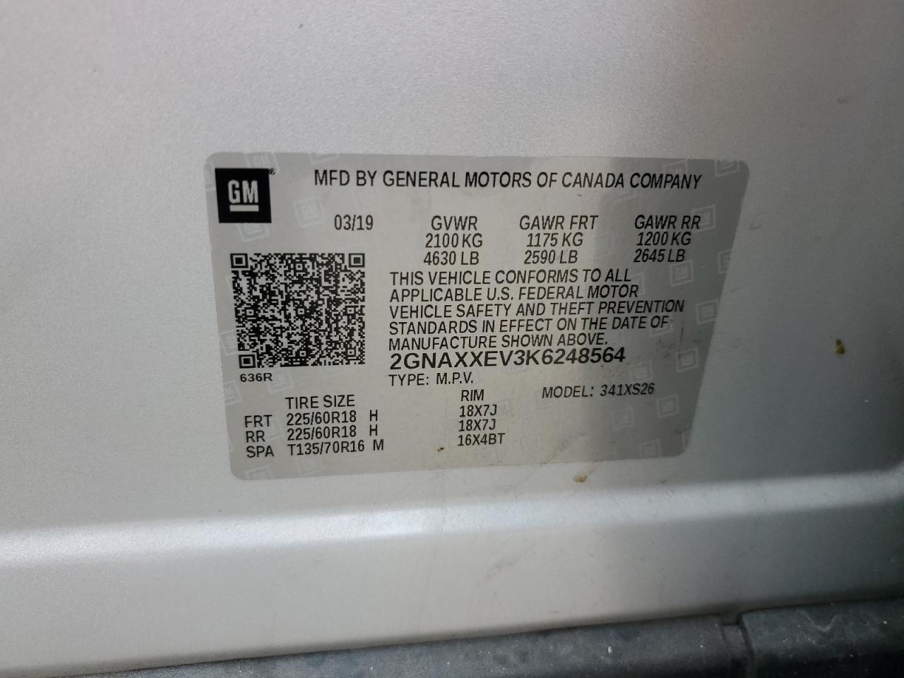 2019 Chevrolet Equinox Premier VIN: 2GNAXXEV3K6248564 Lot: 70032435