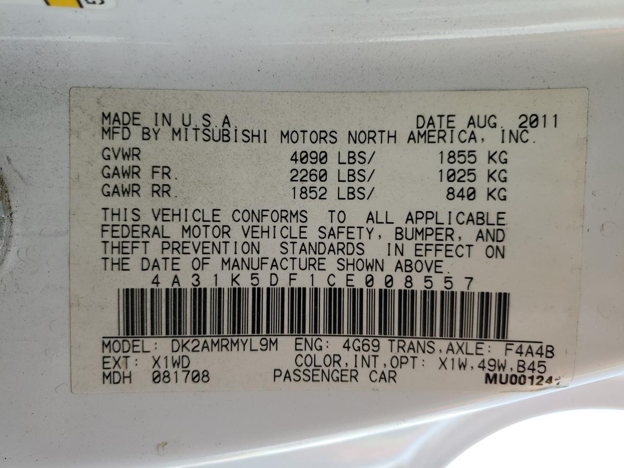 2012 Mitsubishi Eclipse Gs Sport VIN: 4A31K5DF1CE008557 Lot: 69882035