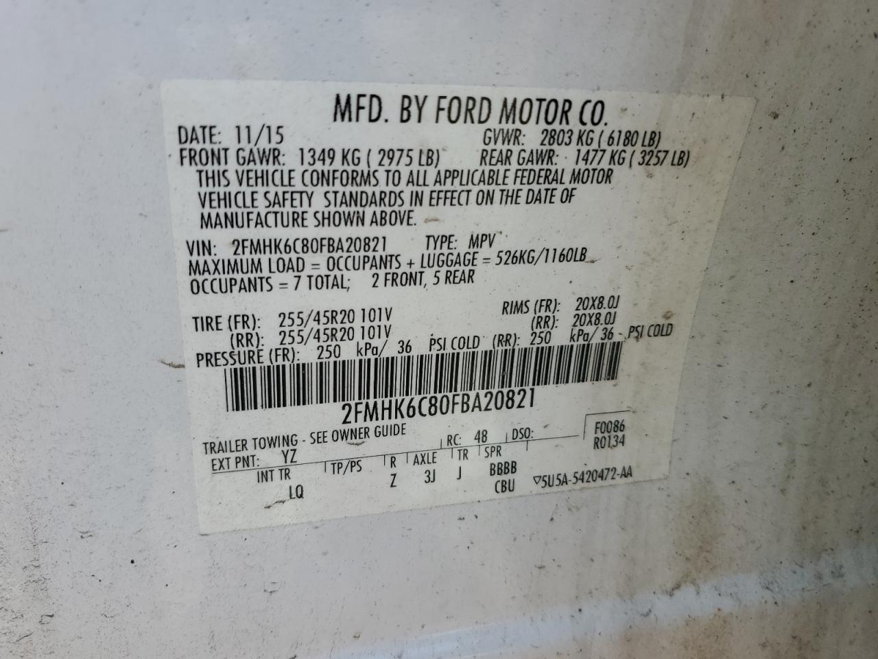 2015 Ford Flex Sel VIN: 2FMHK6C80FBA20821 Lot: 67717475