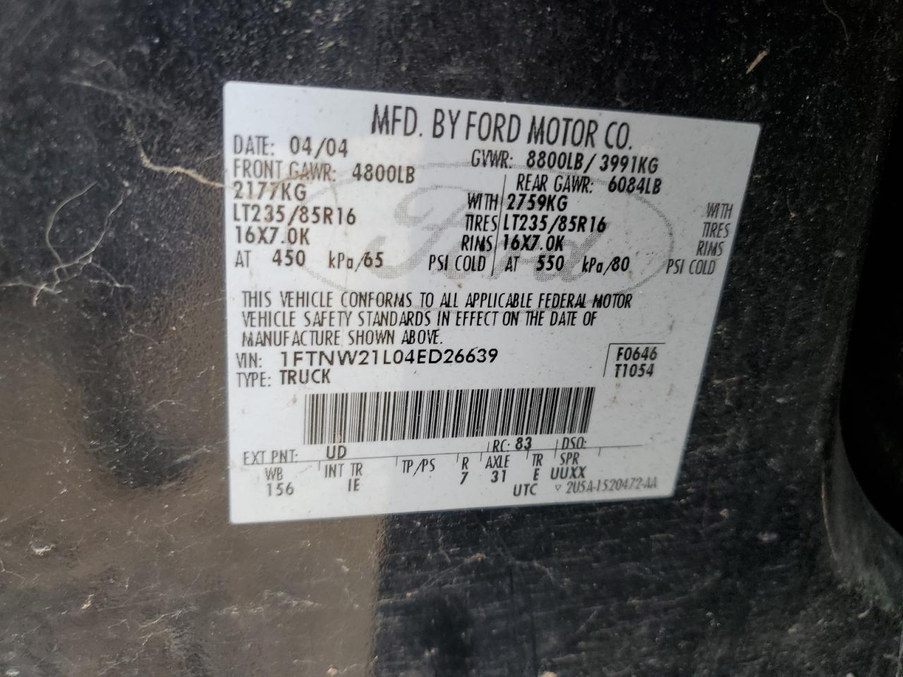 2004 Ford F250 Super Duty VIN: 1FTNW21L04ED26639 Lot: 70884295