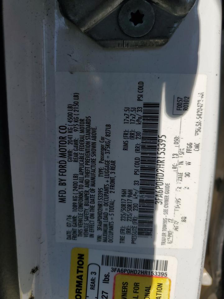 2017 Ford Fusion Se VIN: 3FA6P0HD2HR153395 Lot: 70981805