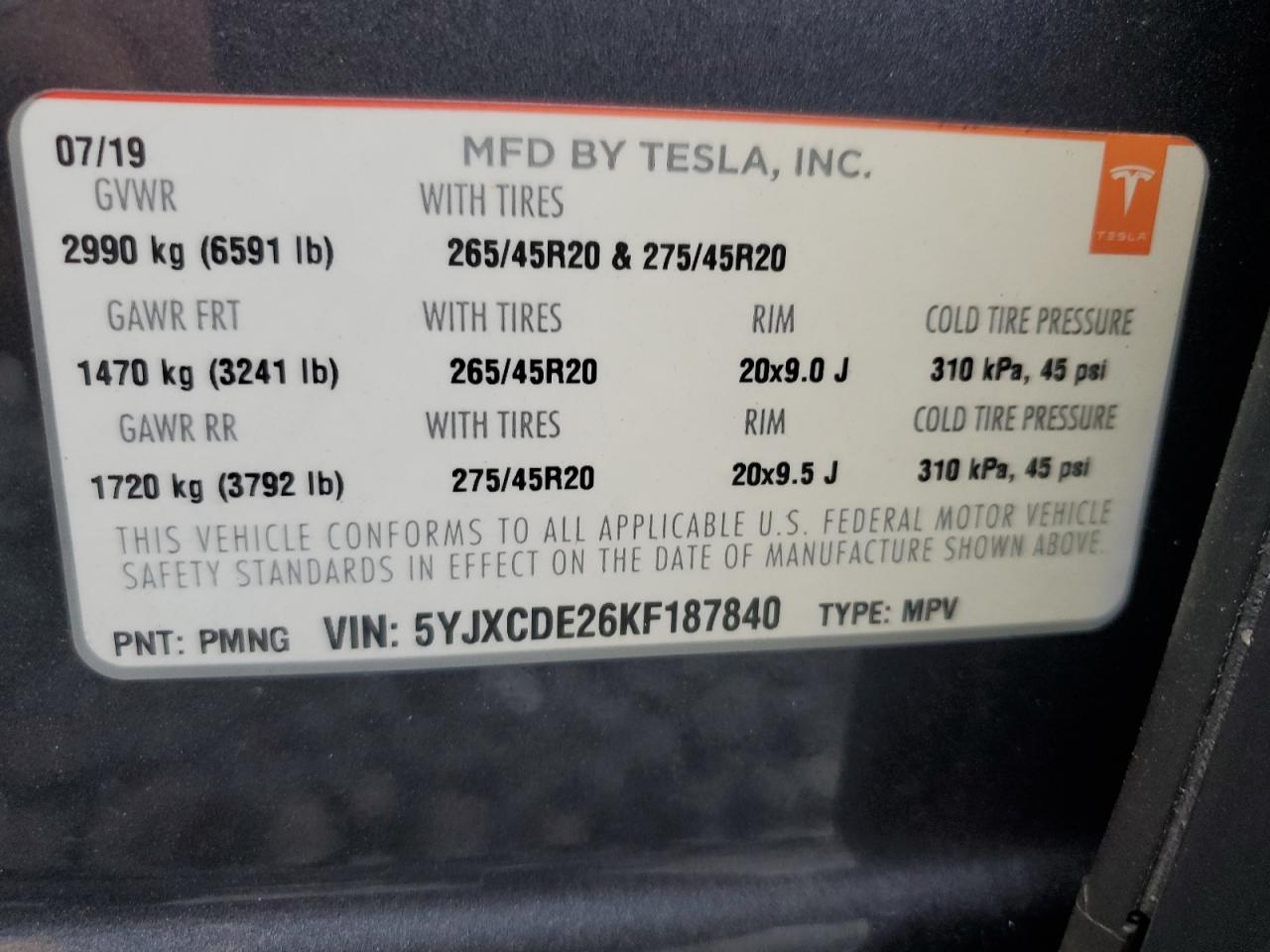 2019 Tesla Model X VIN: 5YJXCDE26KF187840 Lot: 67982985