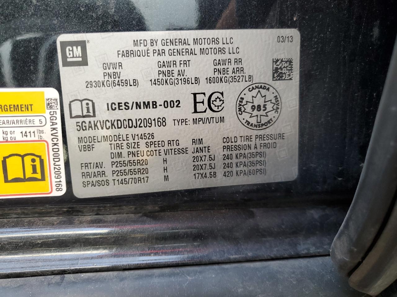 2013 Buick Enclave VIN: 5GAKVCKD0DJ209168 Lot: 68394305