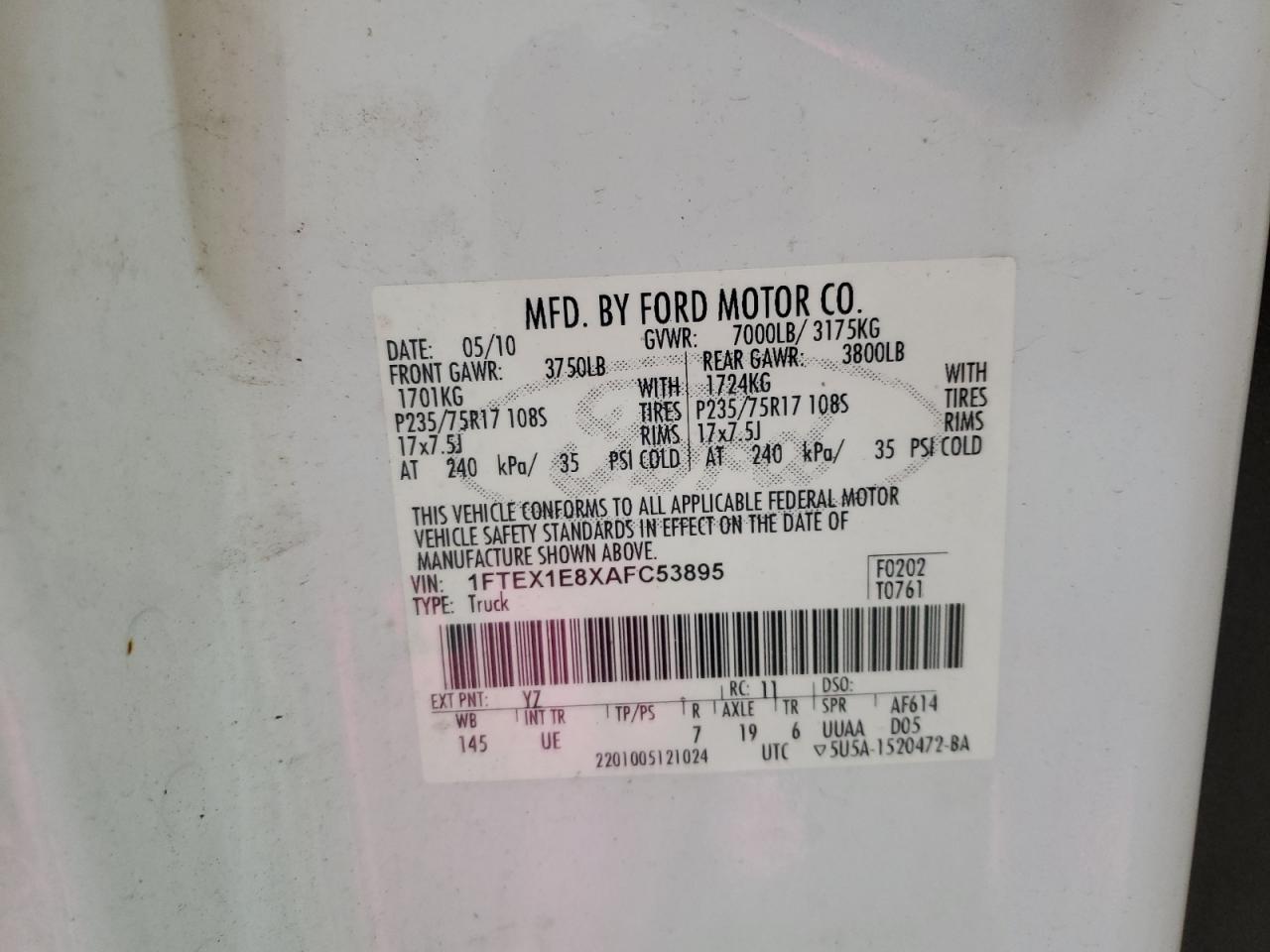 2010 Ford F150 Super Cab VIN: 1FTEX1E8XAFC53895 Lot: 70495695