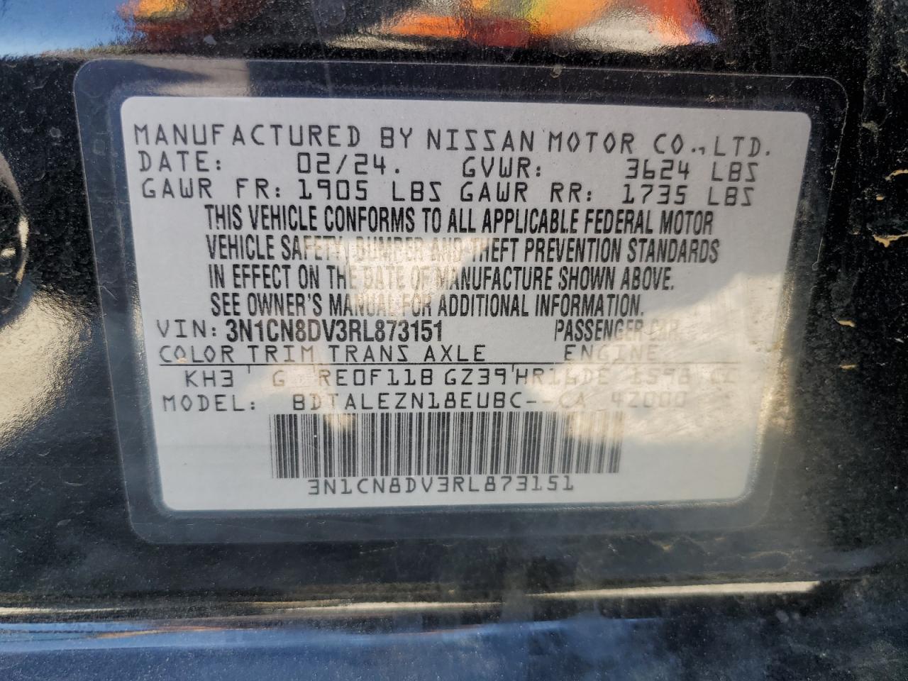 2024 Nissan Versa S VIN: 3N1CN8DV3RL873151 Lot: 70376365