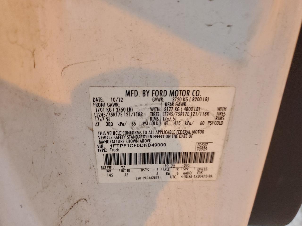 2013 Ford F150 VIN: 1FTPF1CF0DKD49009 Lot: 68227275