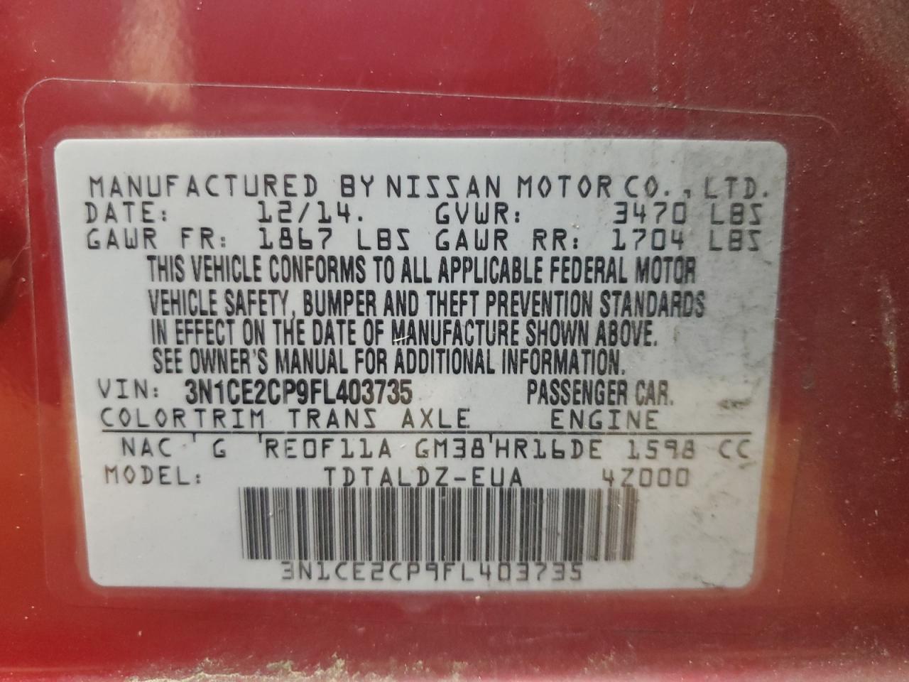 2015 Nissan Versa Note S VIN: 3N1CE2CP9FL403735 Lot: 70751375