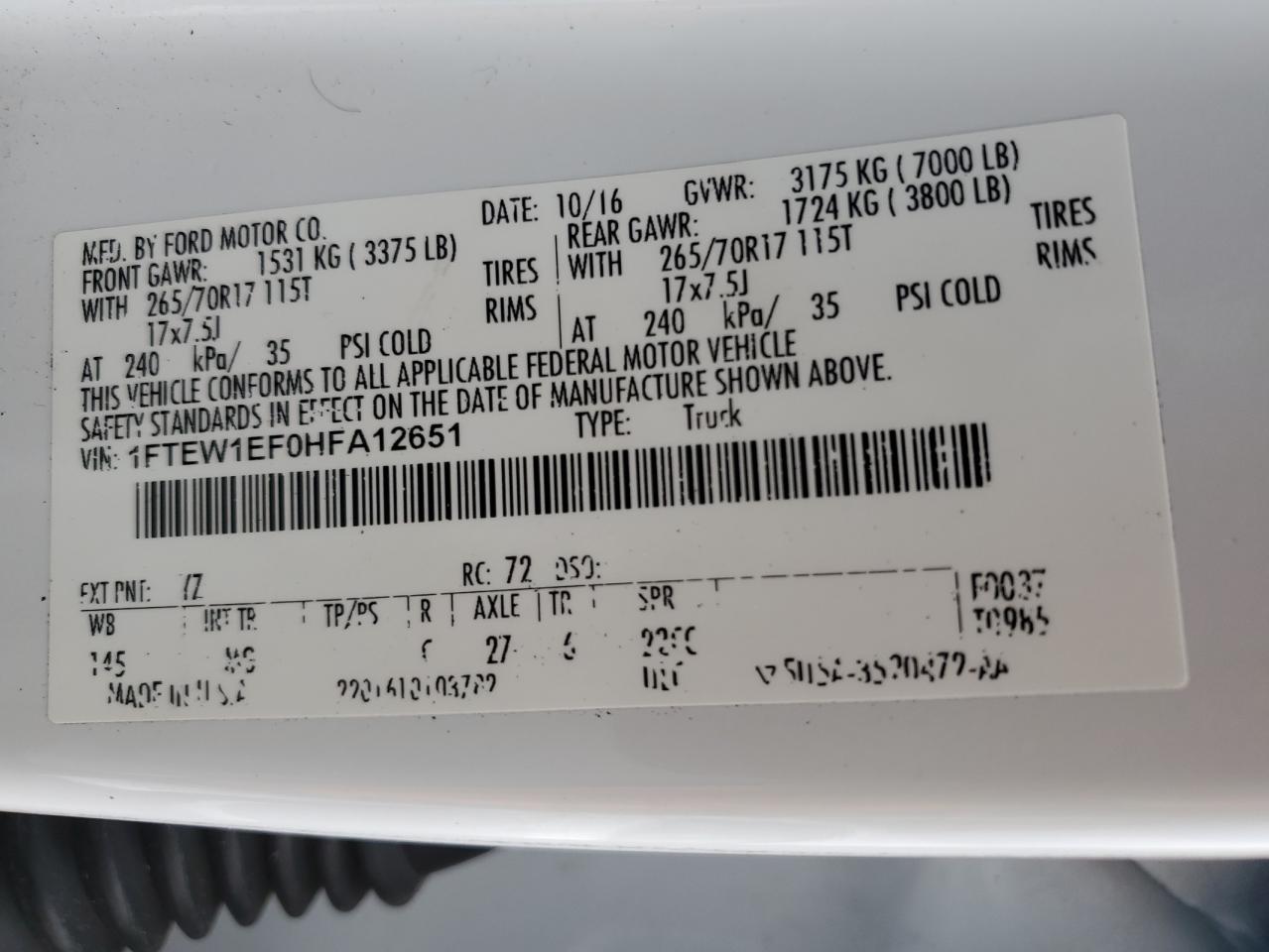 2017 Ford F150 Supercrew VIN: 1FTEW1EF0HFA12651 Lot: 68504835