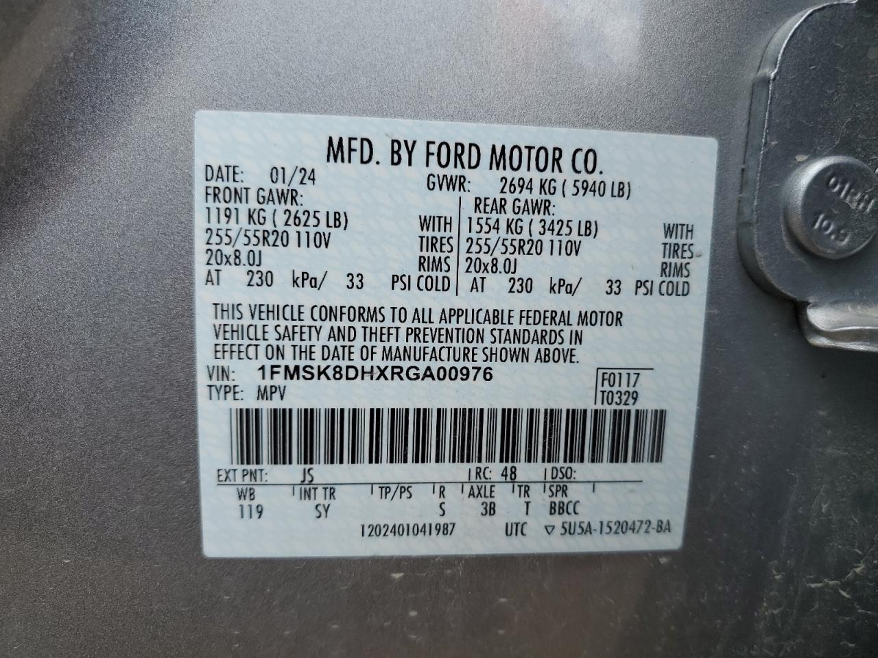 2024 Ford Explorer Xlt VIN: 1FMSK8DHXRGA00976 Lot: 70361495