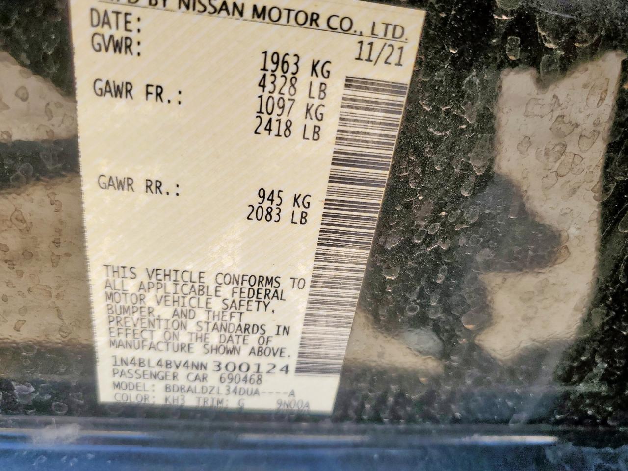 2022 Nissan Altima S VIN: 1N4BL4BV4NN300124 Lot: 67401275