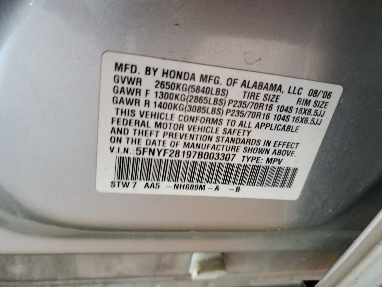 2007 Honda Pilot Lx VIN: 5FNYF28197B003307 Lot: 67850535