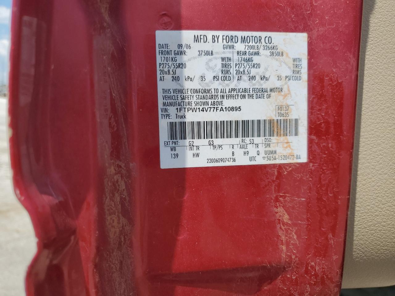 2007 Ford F150 Supercrew VIN: 1FTPW14V77FA10895 Lot: 69467285