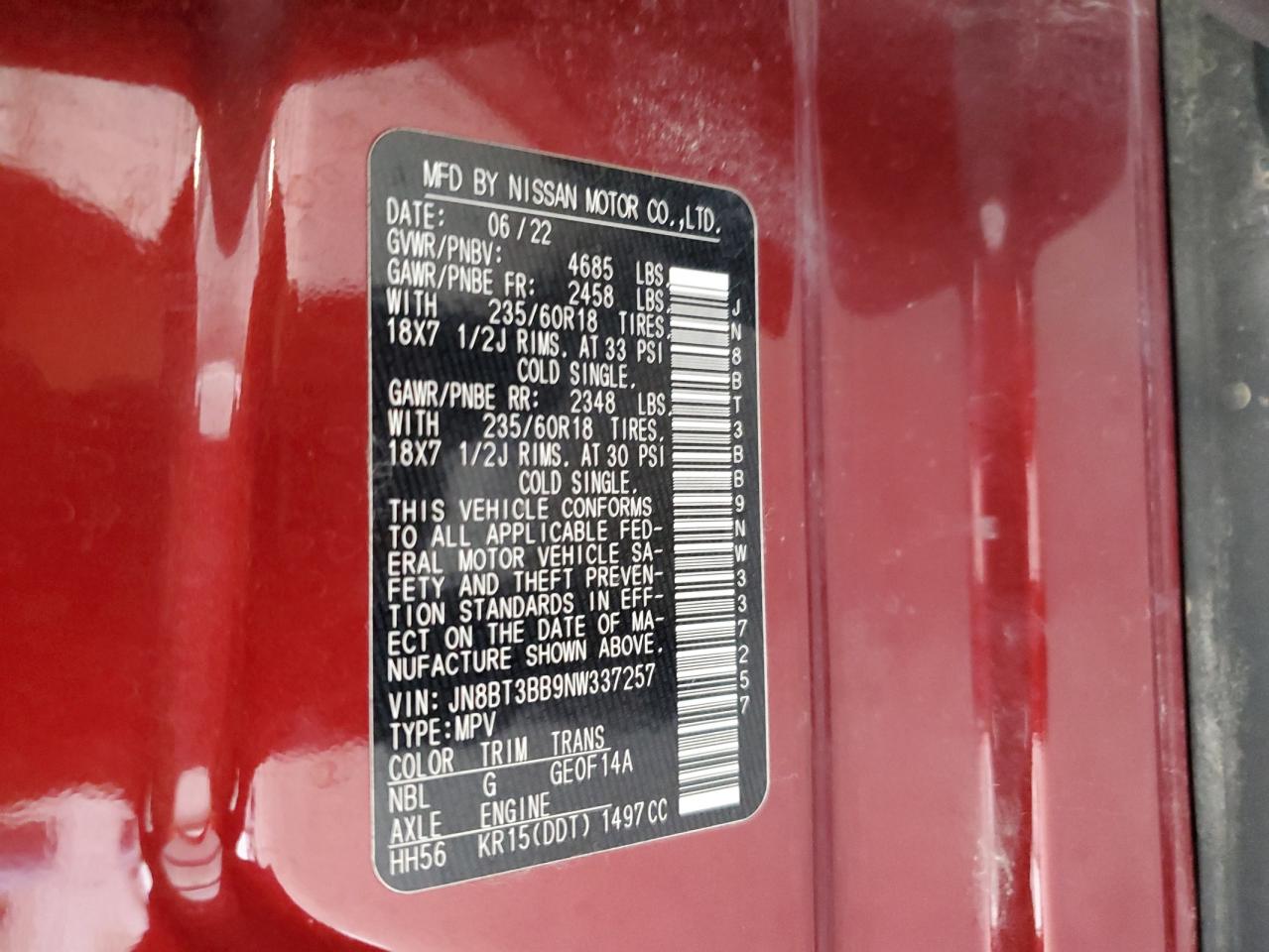 2022 Nissan Rogue Sv VIN: JN8BT3BB9NW337257 Lot: 70211705