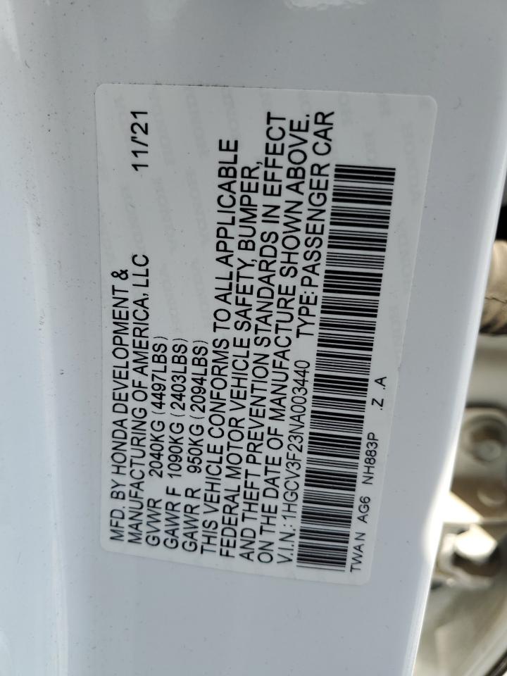 2022 Honda Accord Hybrid Sport VIN: 1HGCV3F23NA003440 Lot: 68687055