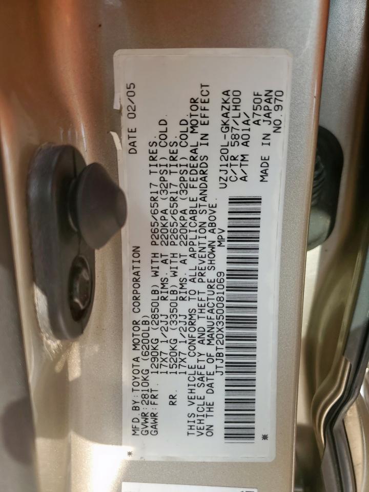 2005 Lexus Gx 470 VIN: JTJBT20X350081069 Lot: 70511995