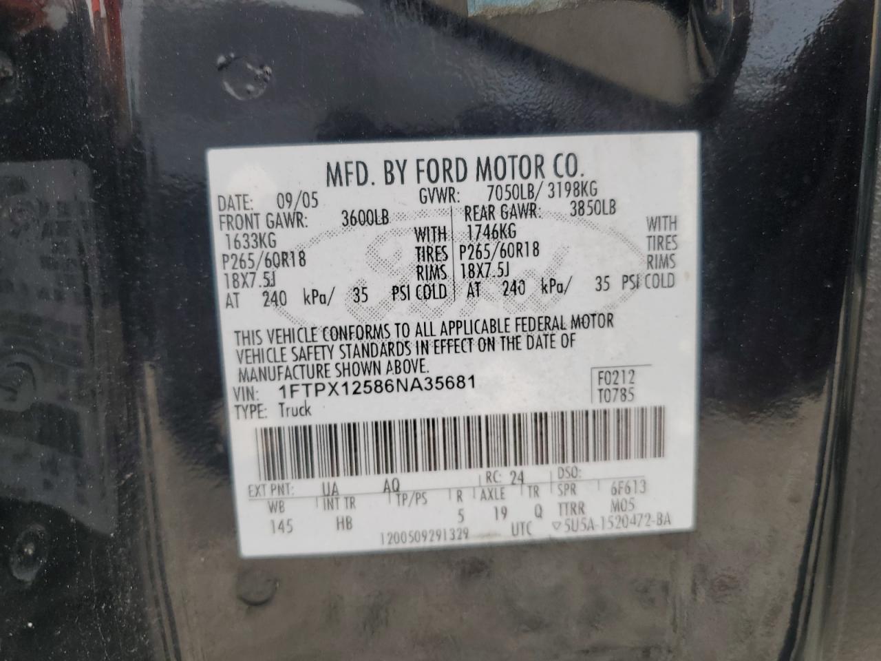 2006 Ford F150 VIN: 1FTPX12586NA35681 Lot: 68297395