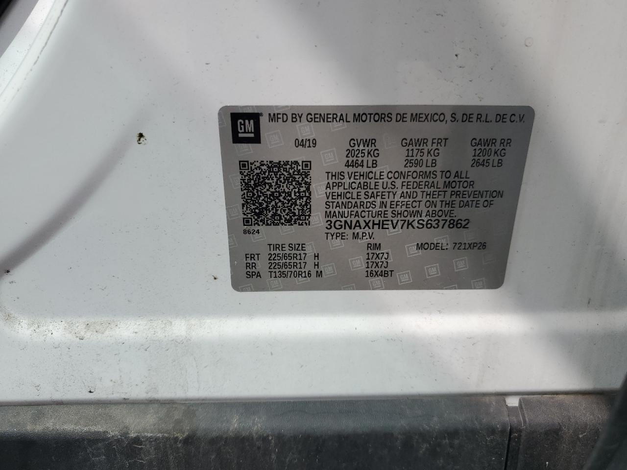 2019 Chevrolet Equinox Ls VIN: 3GNAXHEV7KS637862 Lot: 69793205