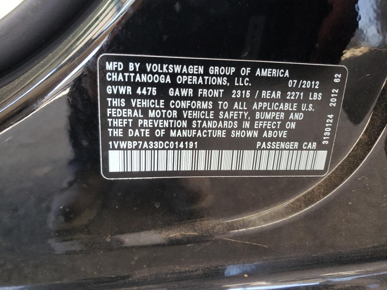 2013 Volkswagen Passat Se VIN: 1VWBP7A33DC014191 Lot: 69950165