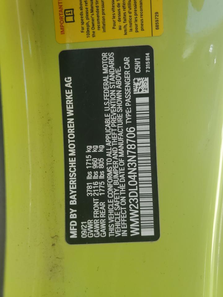 2022 Mini Cooper VIN: WMW23DL04N3N78706 Lot: 68163645