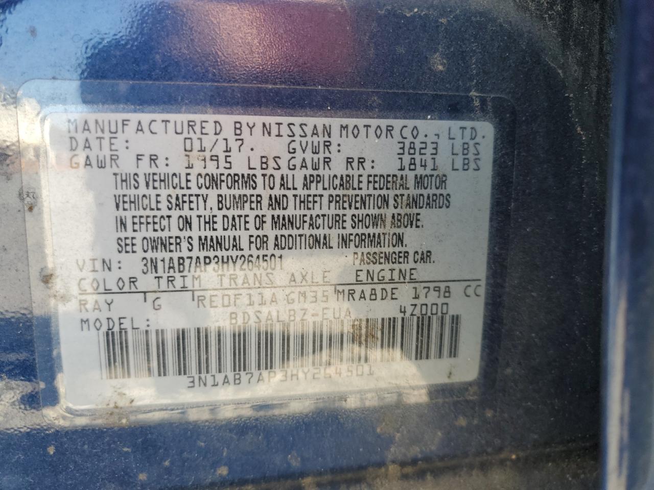 2017 Nissan Sentra S VIN: 3N1AB7AP3HY264501 Lot: 69555925