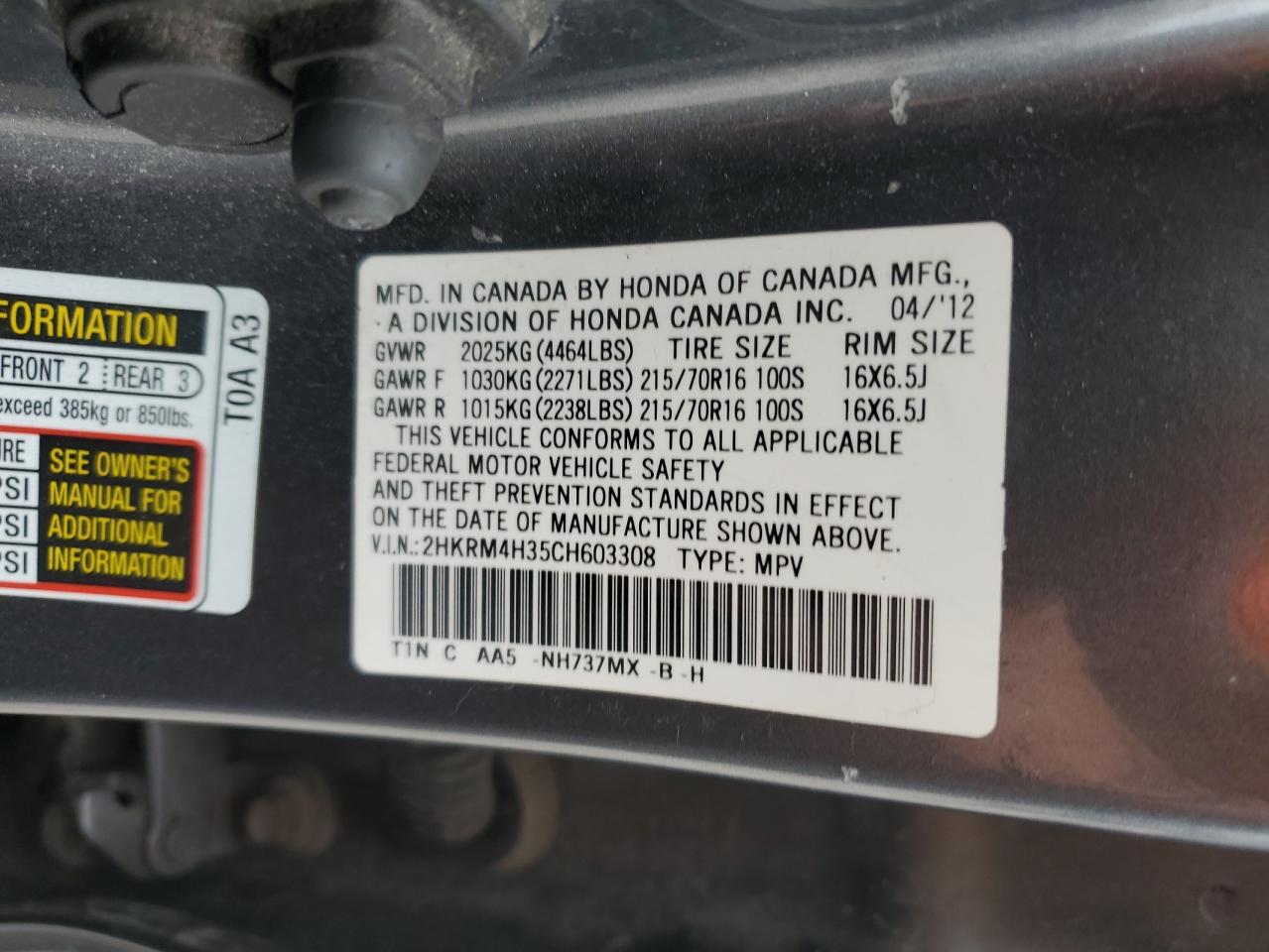 2012 Honda Cr-V Lx VIN: 2HKRM4H35CH603308 Lot: 69870765