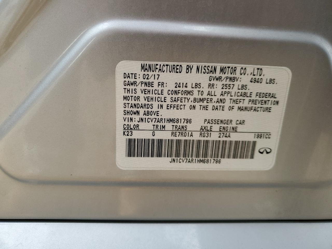 2017 Infiniti Q50 Base VIN: JN1CV7AR1HM681796 Lot: 70200465