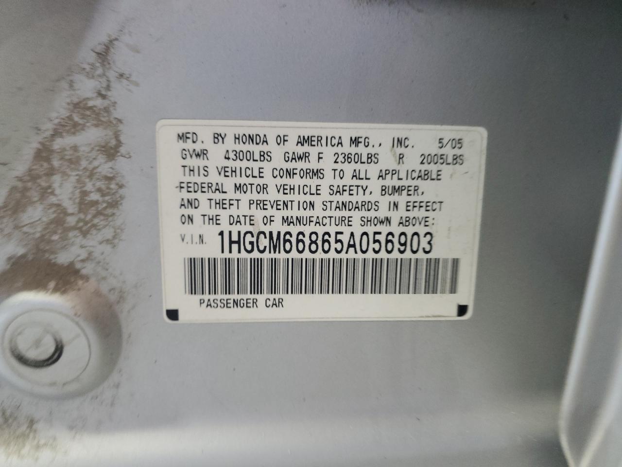 2005 Honda Accord Ex VIN: 1HGCM66865A056903 Lot: 70175565