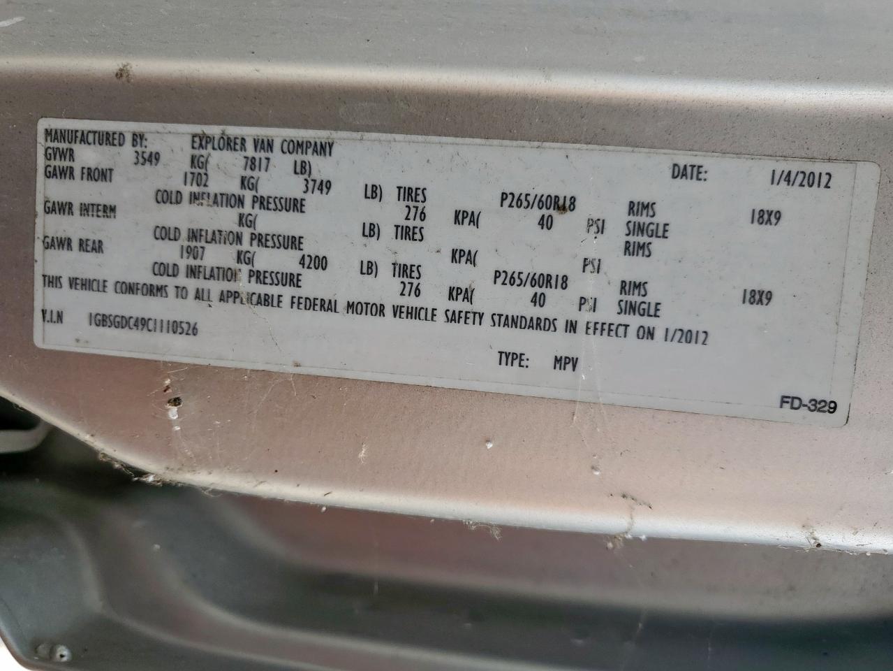 2012 Chevrolet Express G1500 3Lt VIN: 1GBSGDC49C1110526 Lot: 69293825