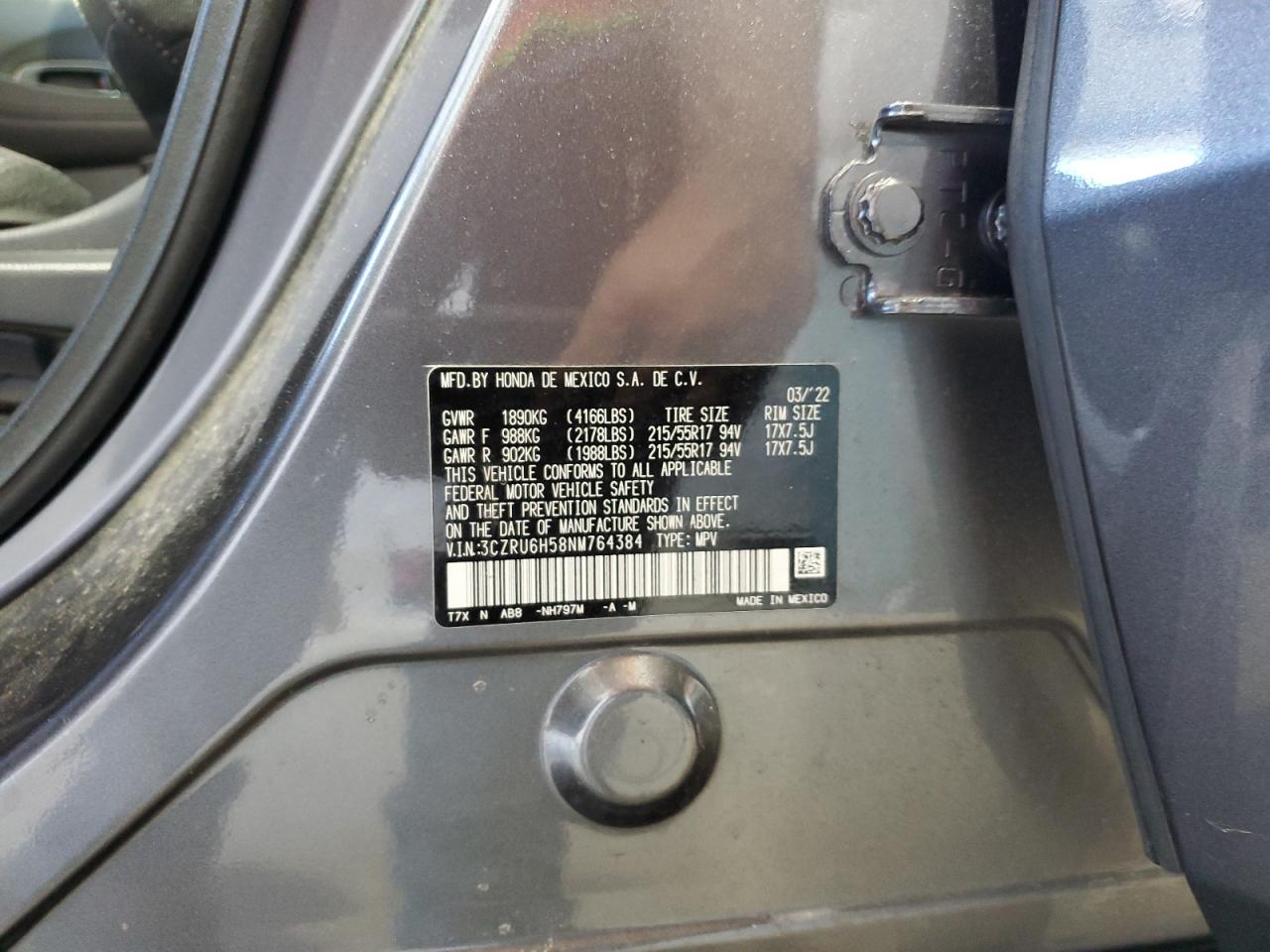 2022 Honda Hr-V Ex VIN: 3CZRU6H58NM764384 Lot: 69742895