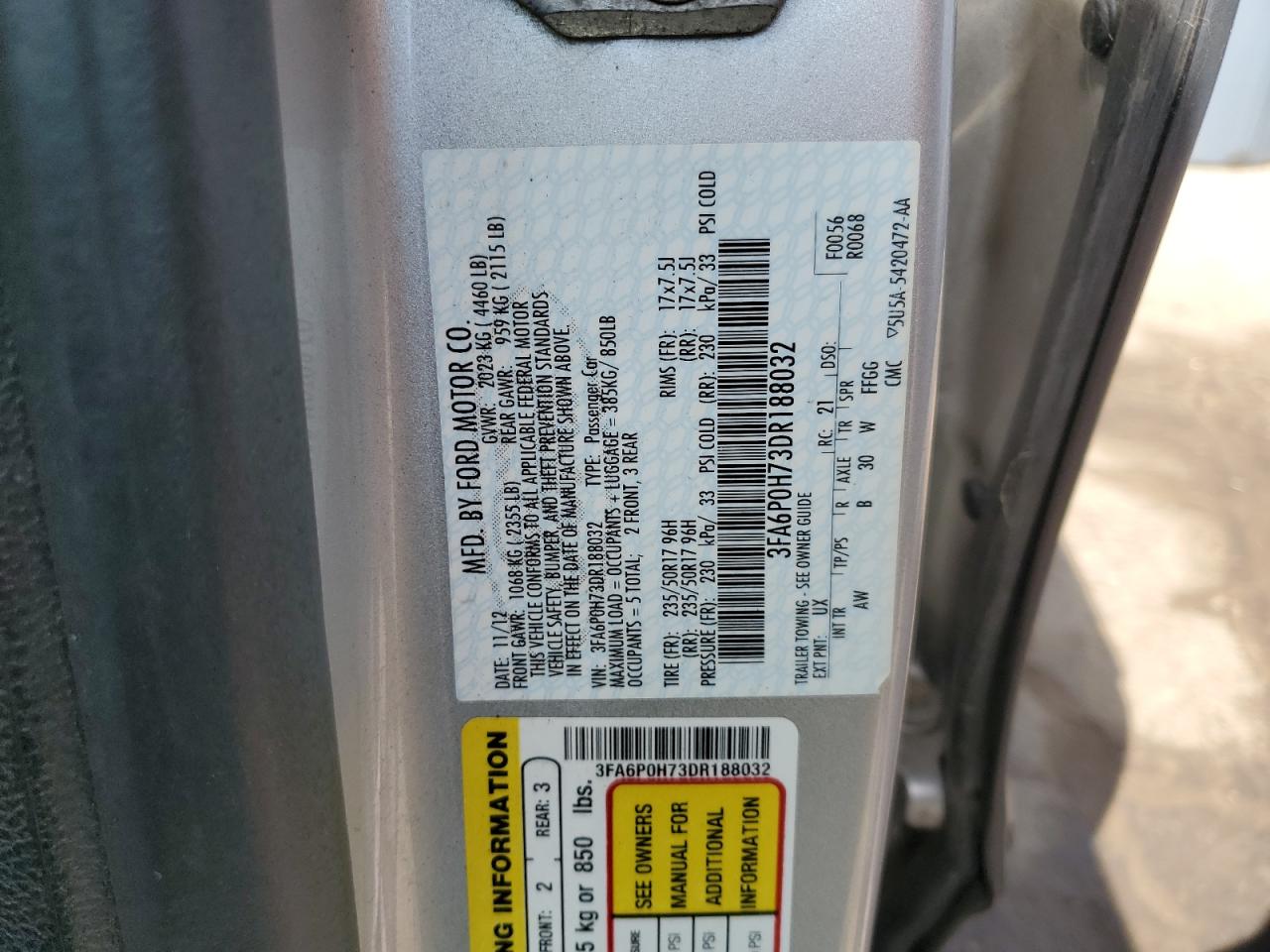 2013 Ford Fusion Se VIN: 3FA6P0H73DR188032 Lot: 70400015