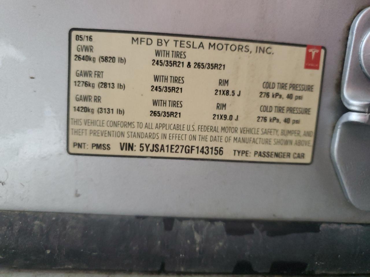 2016 Tesla Model S VIN: 5YJSA1E27GF143156 Lot: 67858685