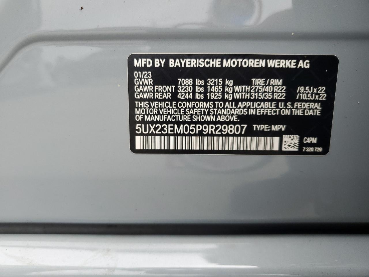 2023 BMW X7 xDrive40I VIN: 5UX23EM05P9R29807 Lot: 68630565