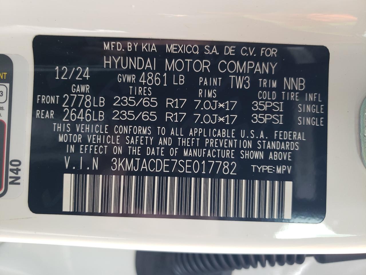 3KMJACDE7SE017782 2025 Hyundai Tucson Se