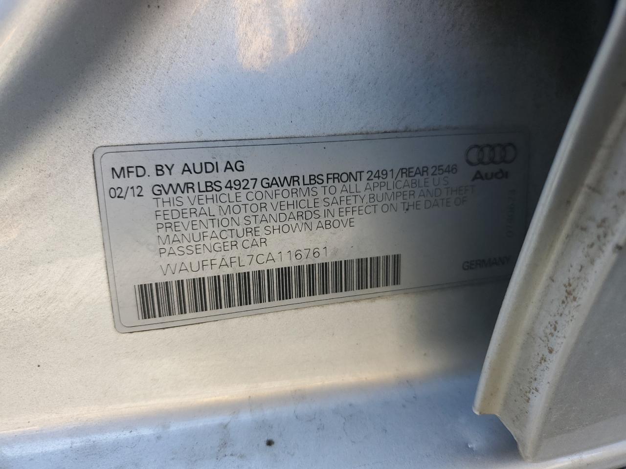 2012 Audi A4 Premium Plus VIN: WAUFFAFL7CA116761 Lot: 67553425