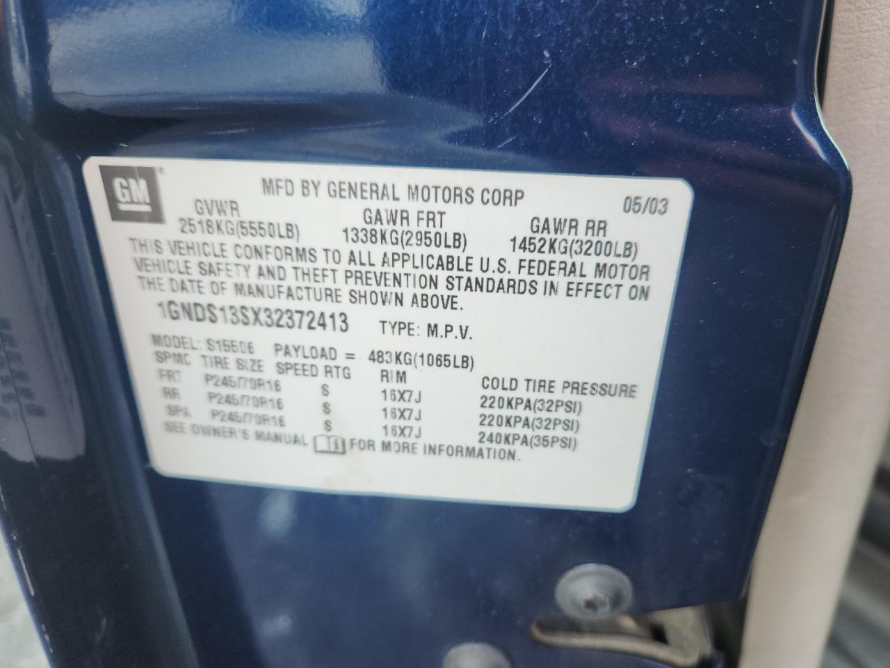 2003 Chevrolet Trailblazer VIN: 1GNDS13SX32372413 Lot: 70096635