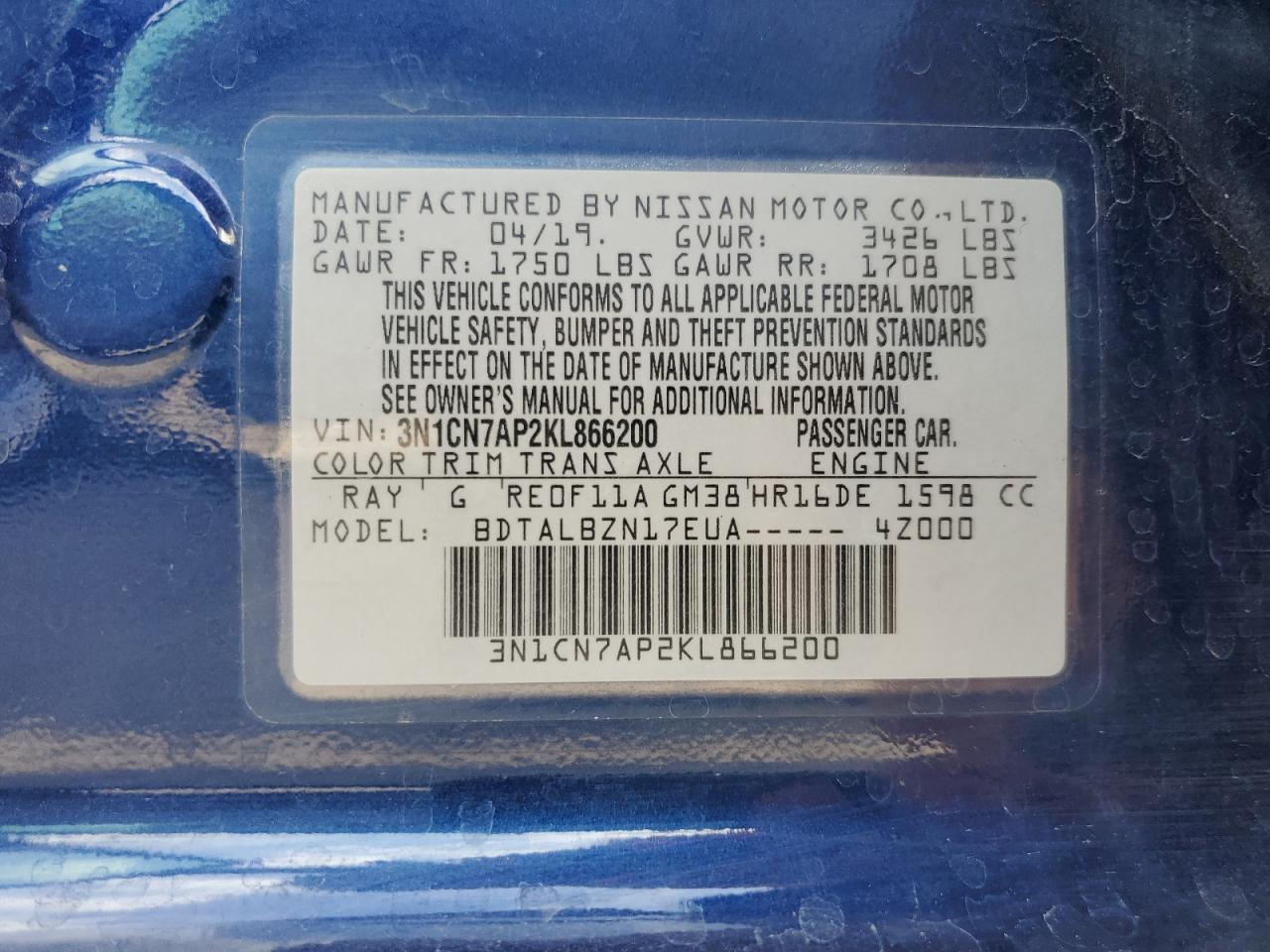2019 Nissan Versa S VIN: 3N1CN7AP2KL866200 Lot: 70745455