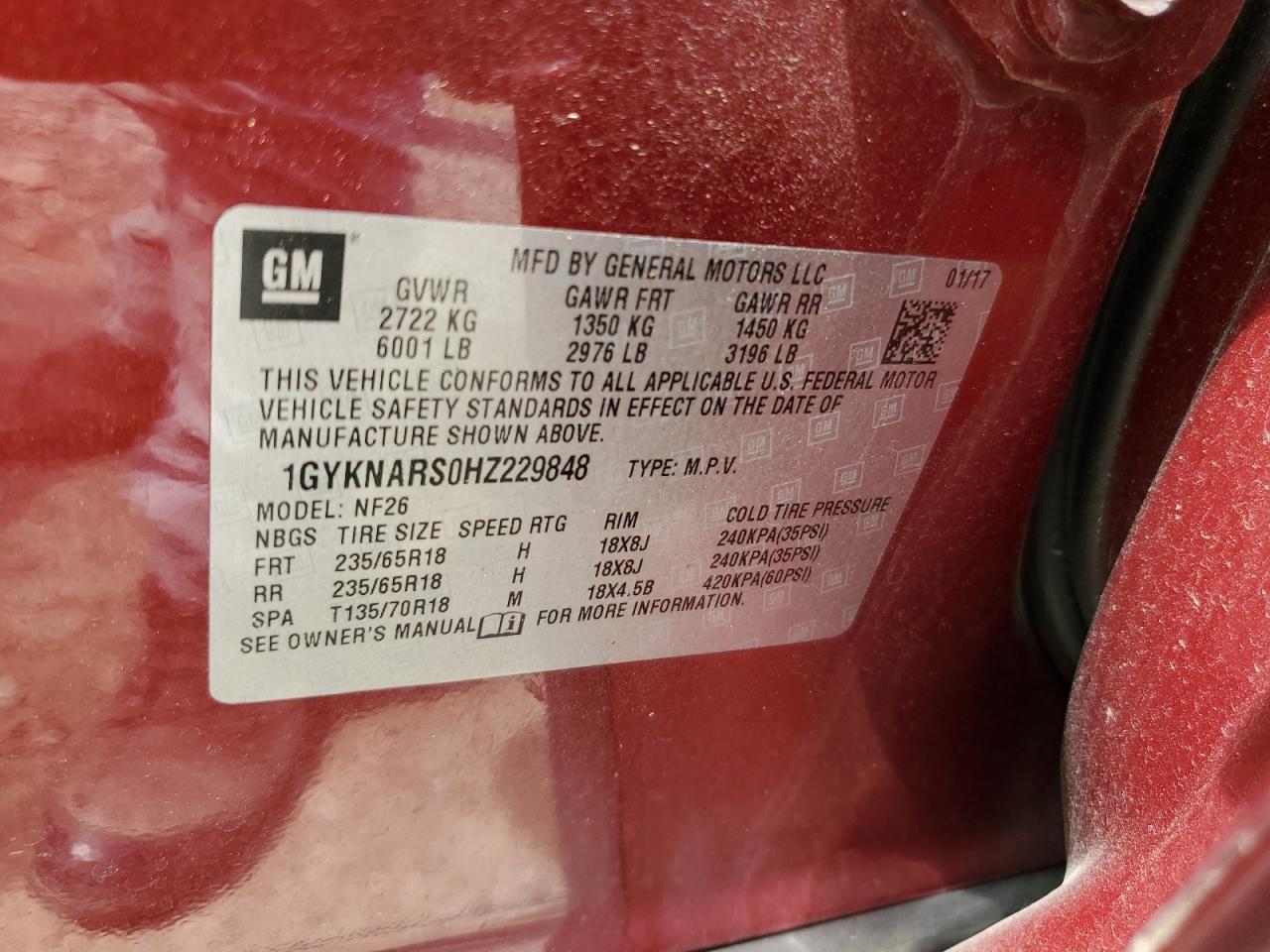 2017 Cadillac Xt5 VIN: 1GYKNARS0HZ229848 Lot: 70409325