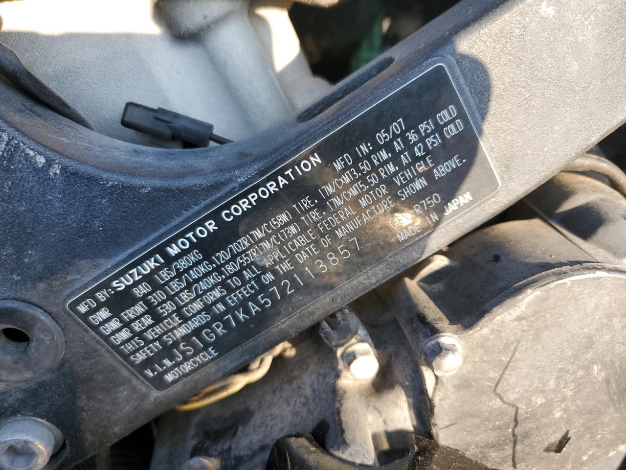2007 Suzuki Gsx-R750 VIN: JS1GR7KA572113857 Lot: 69094665