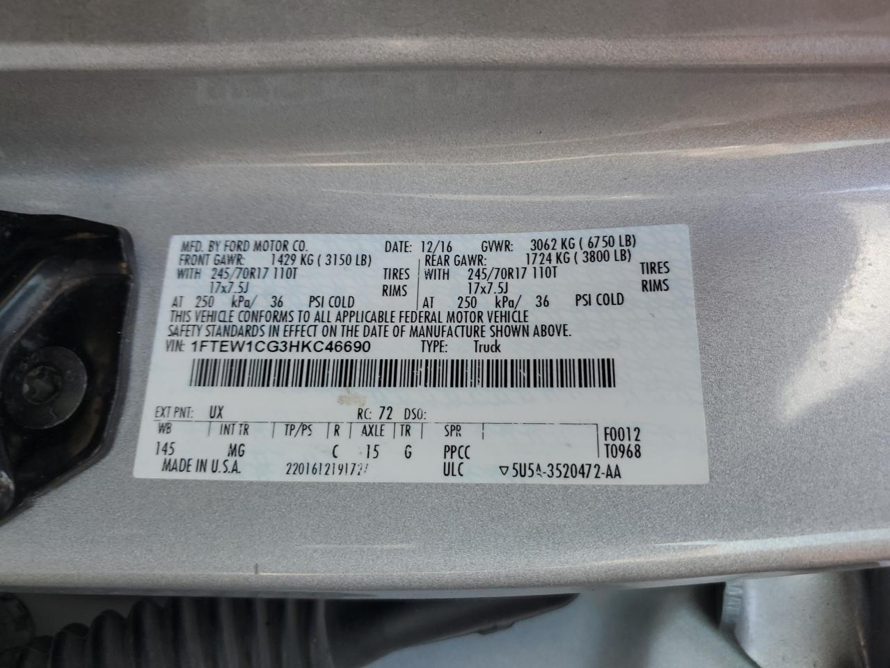 2017 Ford F150 Supercrew VIN: 1FTEW1CG3HKC46690 Lot: 68746085