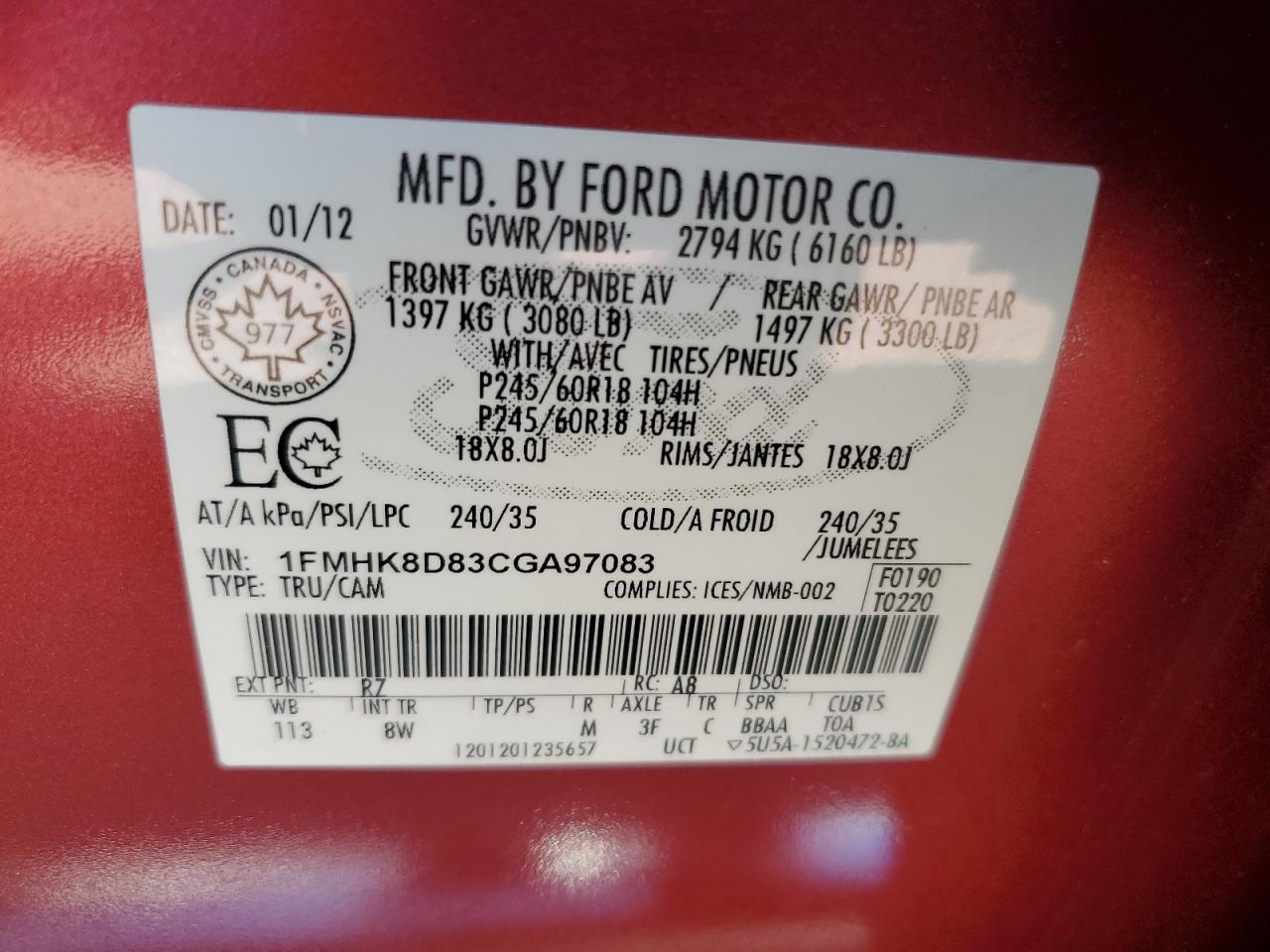 2012 Ford Explorer Xlt VIN: 1FMHK8D83CGA97083 Lot: 68354655